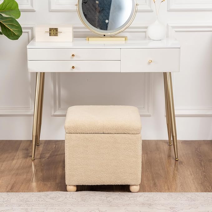 Adeco 17 Inch Soft Oatmeal Cube Ottoman Storage, Teddy Velvet Chair Foot Stools - Image 5
