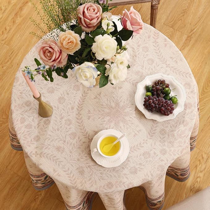 Designer Vintage Linen Small Round Tablecloth, Indian Floral Wrinkle Free Soft - Image 4