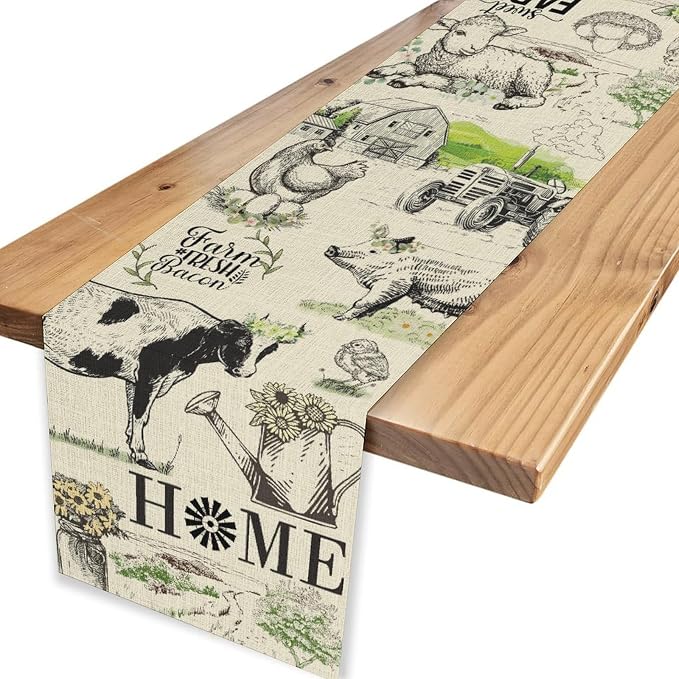 Farmhouse Cow Table Runner, Rustic Rooster Chicken Pig Floral Leaves Animals - Image 4