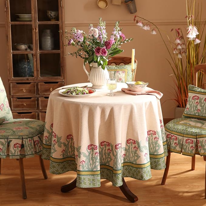 patdrea Designer Vintage Round Table Cloth, Anti-Wrinkle Leaves Pattern Green - Image 2