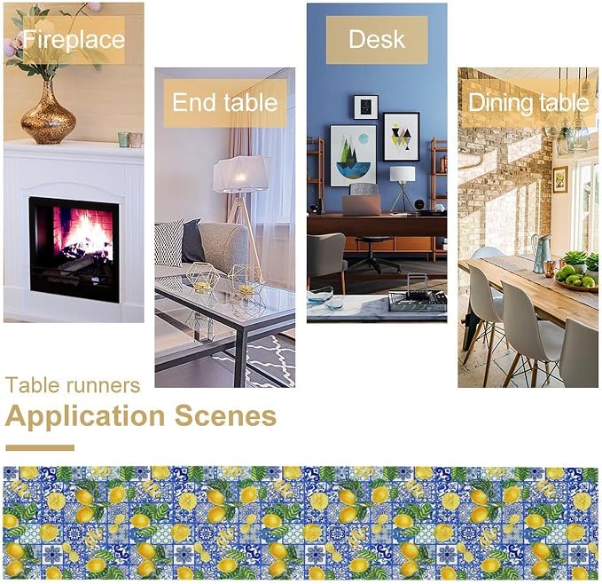 Tiles Lemon Table Runner Blue White Yellow Vintage Rustic Summer Fruit Chic - Image 4