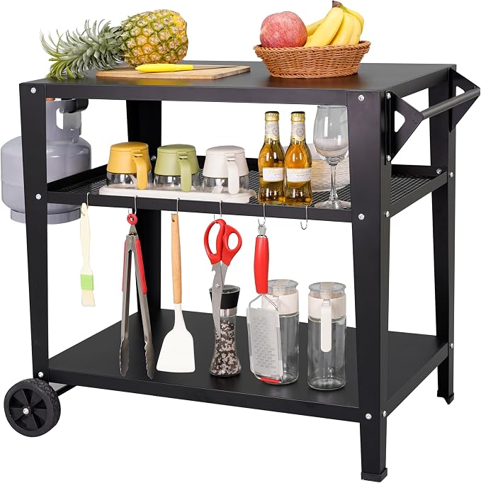 Black Outdoor Grill Cart with Wheels, Heavy-Duty 3-Tier BBQ Prep Table by LEETOLLA