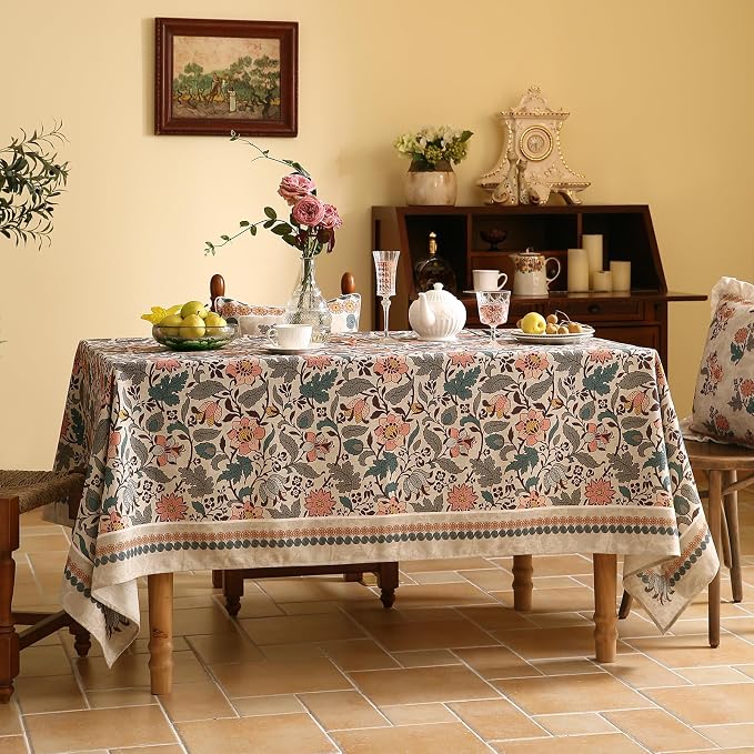 ISAENNE Designer Boho Floral Square Tablecloth, Linen Lotus Flower Pattern - Image 9