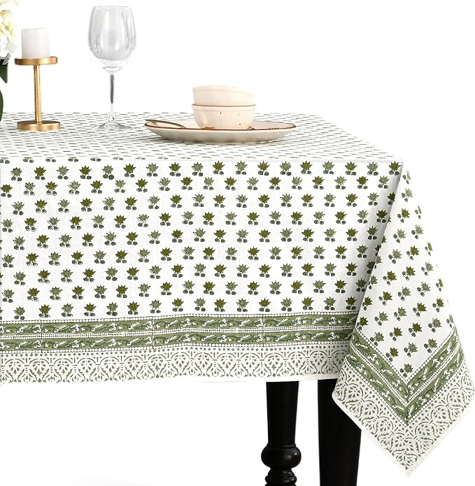 CPC Lotus Meadow Tablecloth 100% Cotton 60x90 Inch Indian Block Print Rectangle by COTTONPRINTCLUB