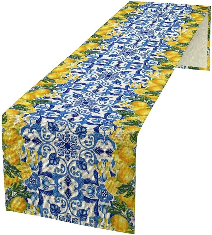 Blue Lemon Table Runner, Italy Tile Yellow Lemon Fruit Table Runners by Unknown