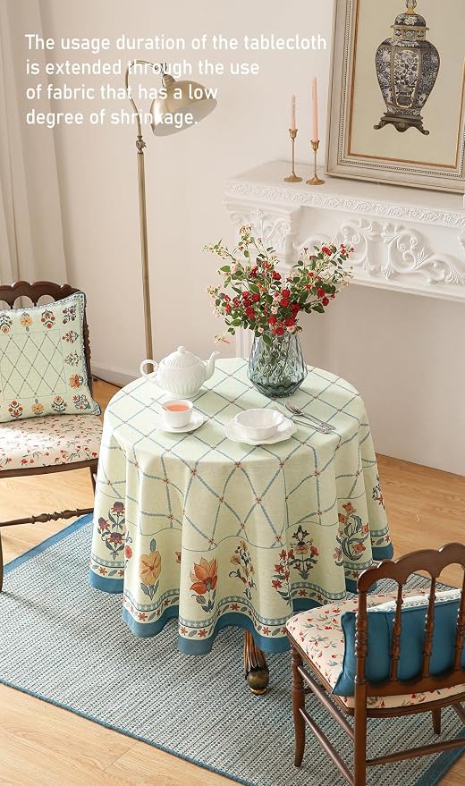 ISAENNE Designer Linen Floral Small Round Tablecloth, Light Green Farmhouse - Image 7