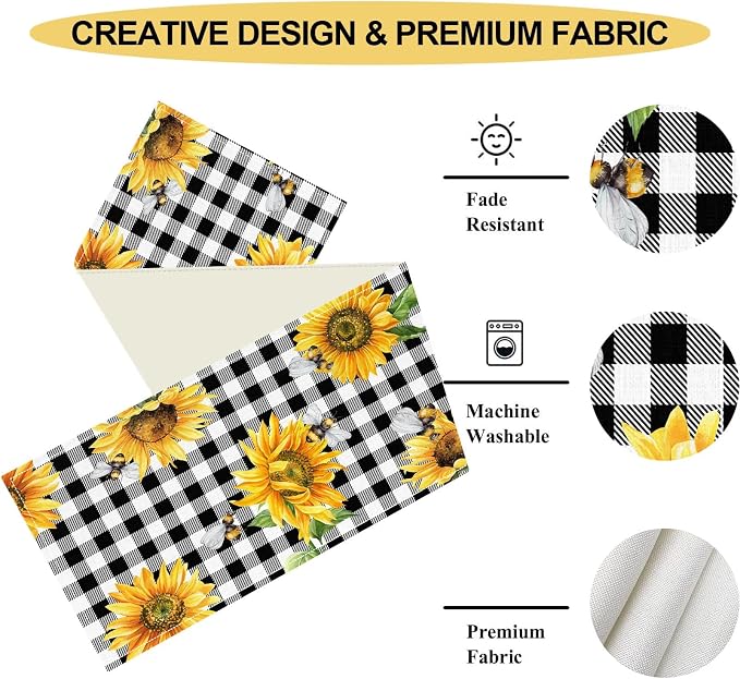 Sunflower Table Runner, Baffalo Plaid Summer Fall Yellow Florals Rustic - Image 4