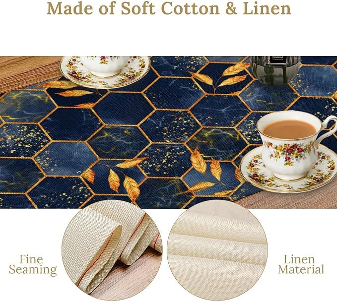 Marble Table Runner, Dark Blue Gold Modern Marble Leaf Aesthetic Geometric - Image 4