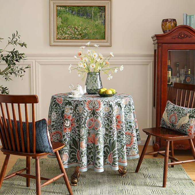 ISAENNE Designer Bohemian Linen Green Small Round Tablecloth, Floral Indoor - Image 2