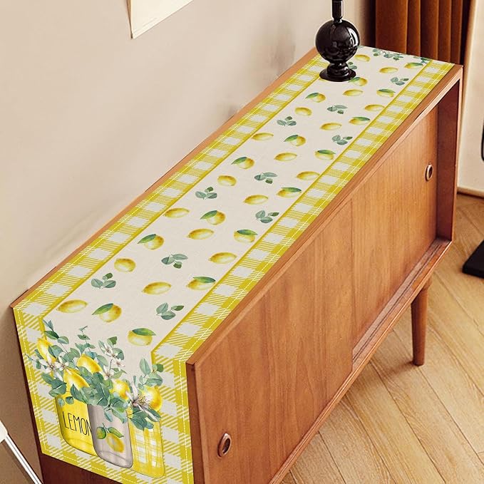 Lemon Table Runner, Farmhouse Yellow Buffalo Plaid Seasonal Summer Spring - Image 3