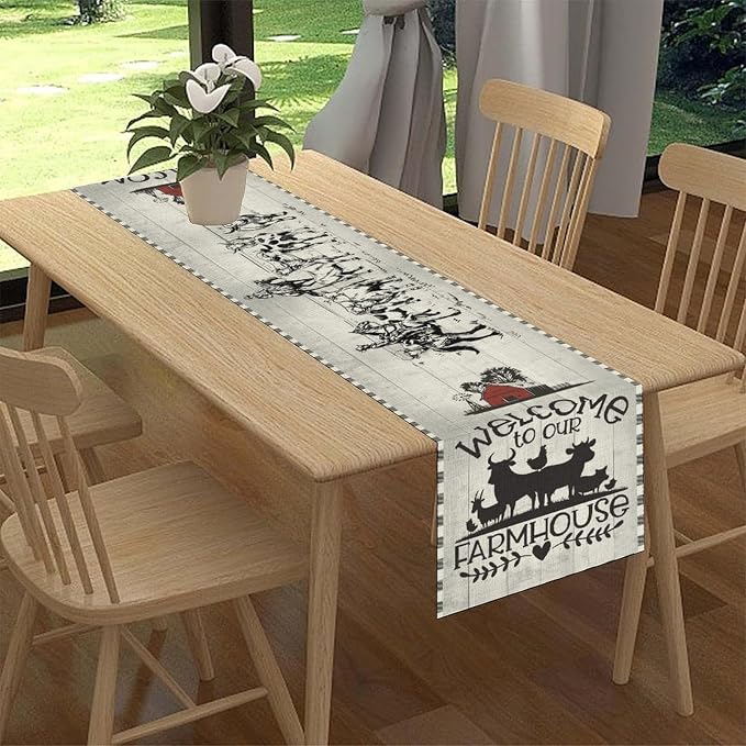 Farmhouse Cow Table Runner, Rustic Rooster Sheep Black White Plaid Animals Farm - Image 2
