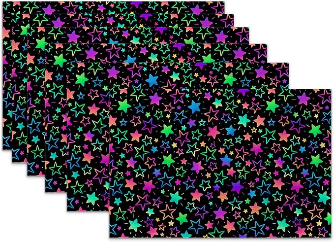 Neon Stars Placemats Set of 6 Linen Heat Resistant, Rainbow Glittering Table by SNOWMOLLE