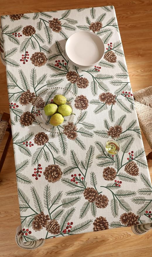 ISAENNE Designer Christmas Beige Linen Small Square Tablecloth, Pinecones - Image 8