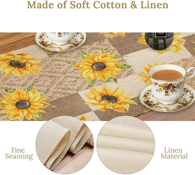 Farmhouse Sunflower Table Runner, Rustic Vintage Linen Patchwork Summer Yellow - Image 6