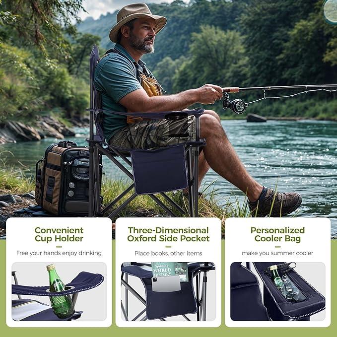 Folding Camping Chair, Blue Steel Frame, 450 lb Capacity
