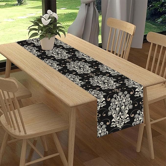 Goth Table Runner, Antique Gothic Damask Pattern Baroque Style Black Floral - Image 2