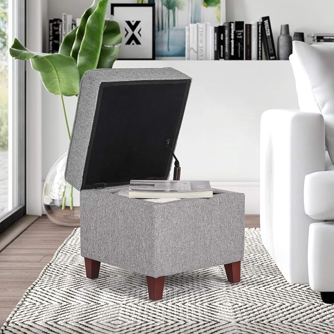 Adeco 17" Square Ottoman with Storage, Small Blue Storage Ottoman Foot Rest - Image 2
