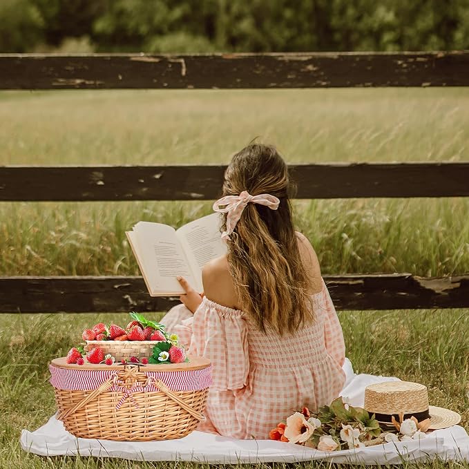 Wicker Picnic Basket with Liner, Wooden Split Lid Picnic Basket, Vintage-Style - Image 8