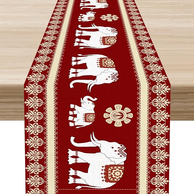 African Tribe Table Runner, Boho Red Elephants Tribal Traditional Diwali India by Unknown