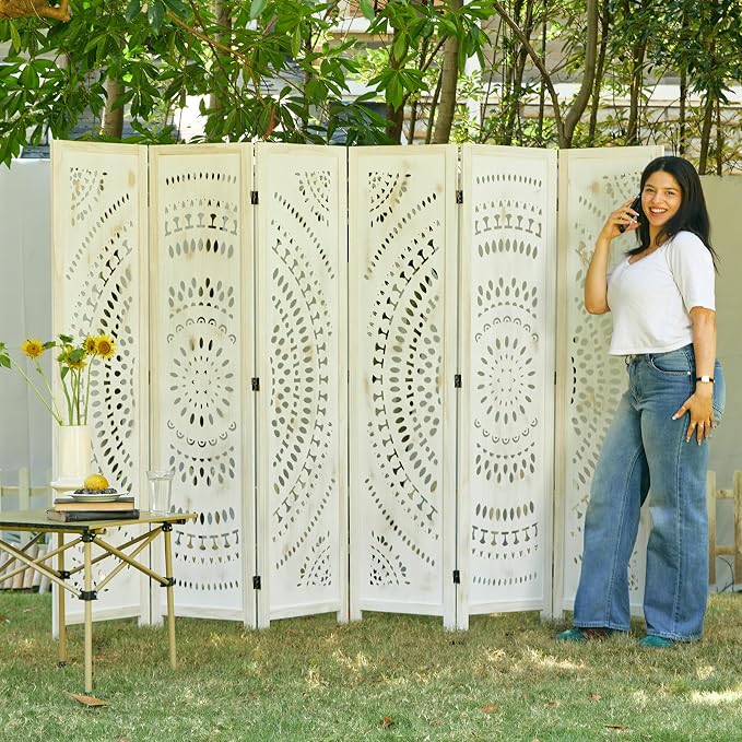 Room Divider Wood Carved Wall Divider Indoor Folding Bohemian Style Portable - Image 2