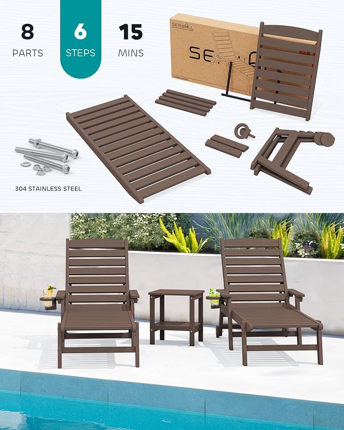 SERWALL Patio Chaise Lounge Chair, Poly Lounge Chair - Image 5