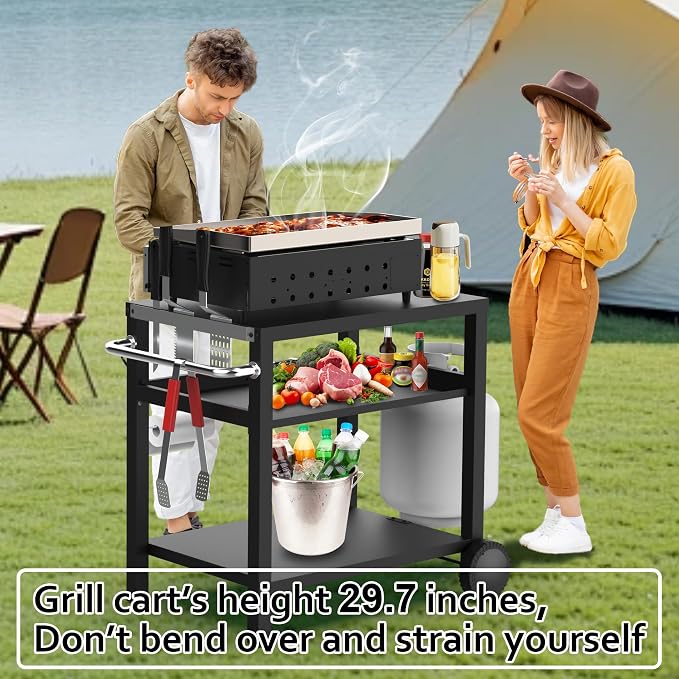 29.5''x19.6'' Outdoor Grill Cart, Pizza Oven Table Stand, 3-Shelves Food Prep - Image 2