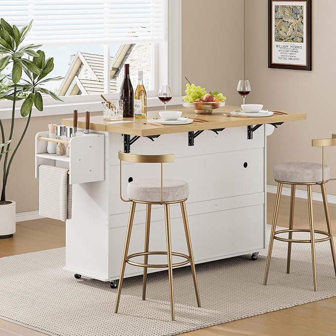 60" Kitchen Island with Power Outlet & Drop Leaf, Kitchen Rolling Island with - Image 7