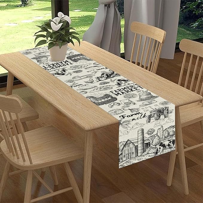 Farm Animals Table Runner, Rustic Farmhouse Cow Pig Rooster Watercolor Coffee - Image 3