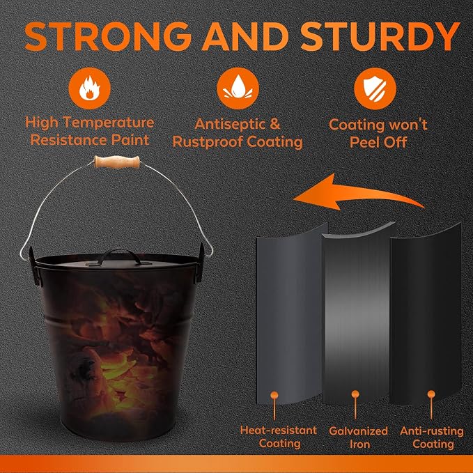3.5 Gallon Ash Bucket with Lid and Shovel, Metal Fireplace Ash Bucket with Broom - Image 5