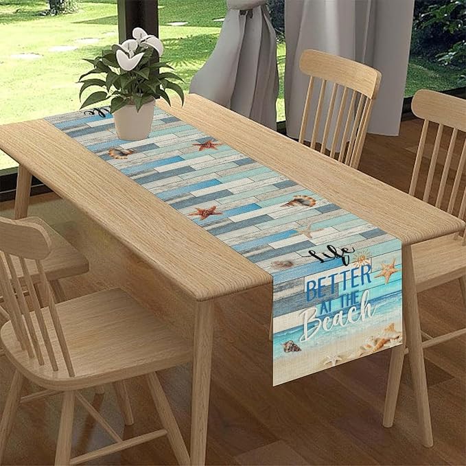 Summer Beach Table Runner, Nautical Starfish Seashell Ocean Retro Wooden Plank - Image 2