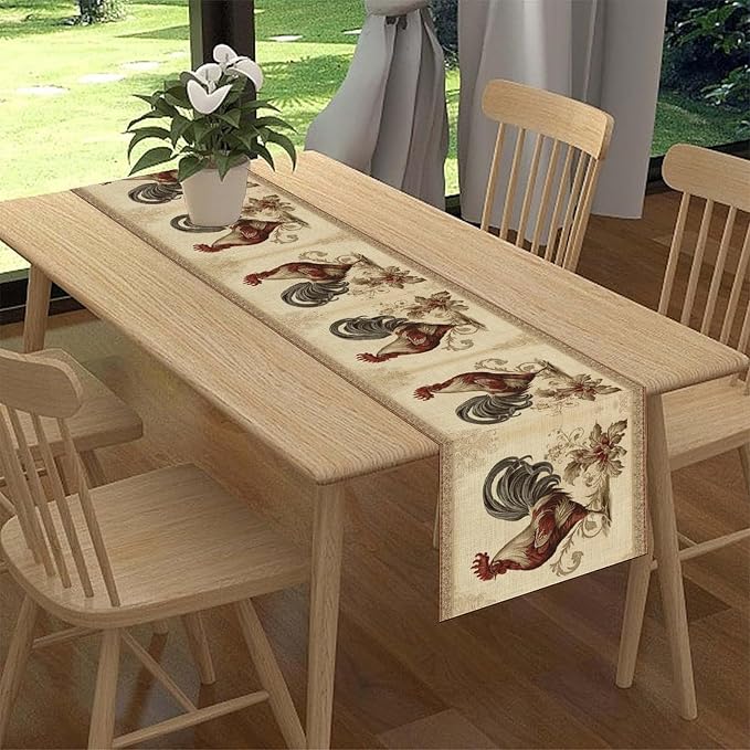 Farmhouse Rooster Table Runner, Vintage Rooster Retro Farmhouse Country Chicken - Image 2