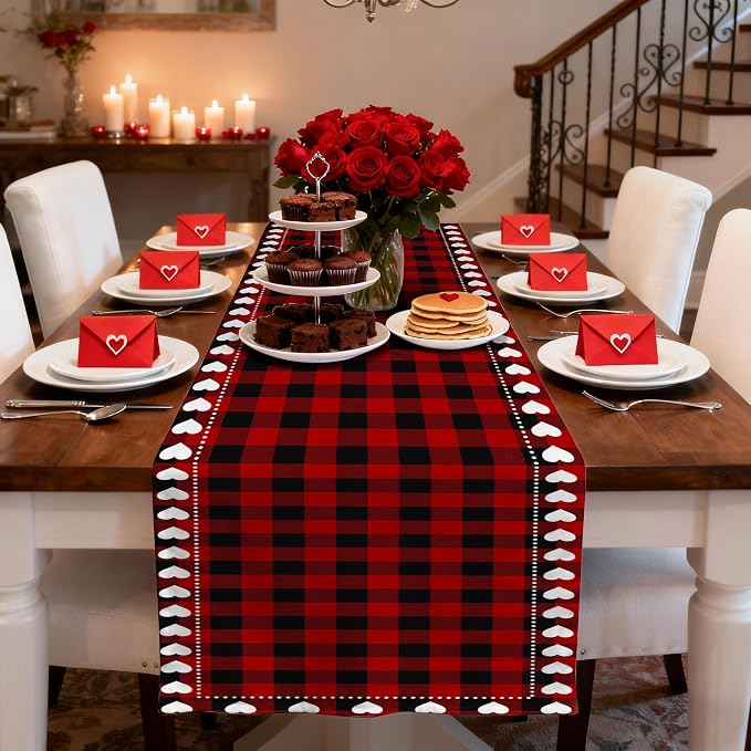 Valentine’s Day Love Heart Red Black Buffalo Plaid Table Runner 13x36 Inch - Image 2