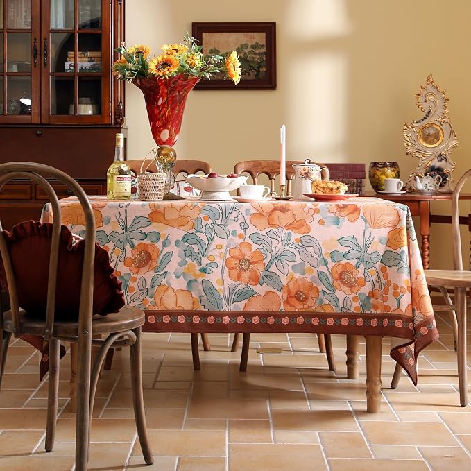 Vintage Linen Extra Long Rectangle Tablecloth, Italian Orange Floral Wrinkle - Image 9