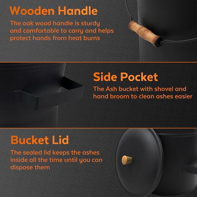 4 Gallon Ash Bucket with Lid and Shovel, Metal Fireplace Ash Bucket with Broom - Image 4