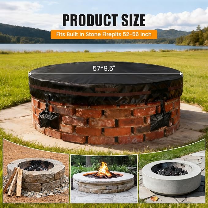 Outdoor Round Fire Pit Cover 57x9.5" Waterproof Tear-Resistant 600D Oxford PU - Image 2