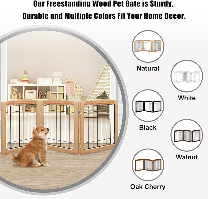 LZRS 3-Panel Freestanding Foldable Wooden Dog Gate –Solid Wood & Steel Wire - Image 4