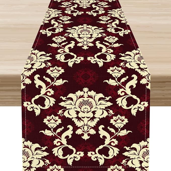 Red Damask Table Runner, Gothic Boho Baroque Style Floral Flower Antique by Unknown