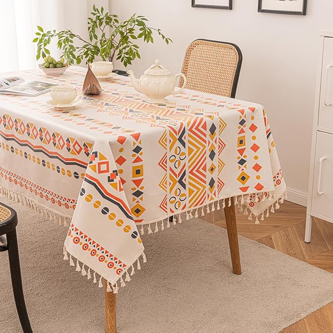 Waterproof Tassels Tablecloth, Bohemian Orange Colorful Table Cloth, Rectangle by FurableYou