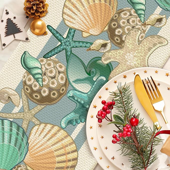 Sea Shell Table Runner Seasonal Spring Fall Kitchen Dining Linen Table - Image 4
