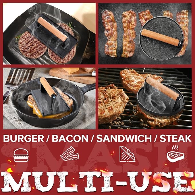 5pcs Smash Burger Press Kit, 3 in 1 Hamburger Press Patty Maker, Cast Iron - Image 4