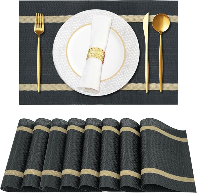 Luxurious Placemats Set of 8, Vinyl Table Place Mats Stain Resistant Foldable by Gloserin