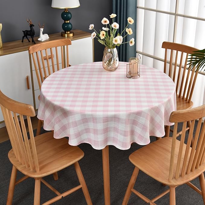 Gingham Table Cloth for Round Tables Pink Checkered Plaid Tablecloth Heavy Duty by Yofori