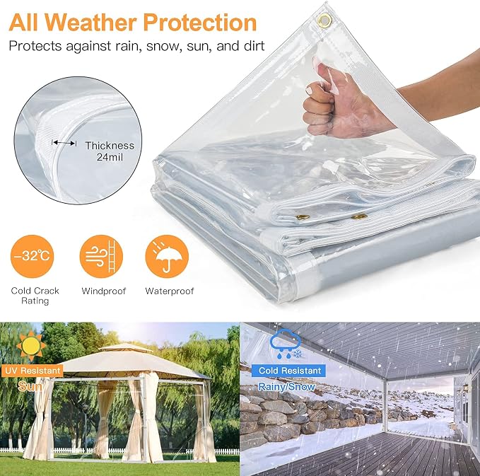 7 x 20FT Outdoor Clear Tarp Curtain Waterproof Wind-Proof 24 Mil Transparent - Image 3