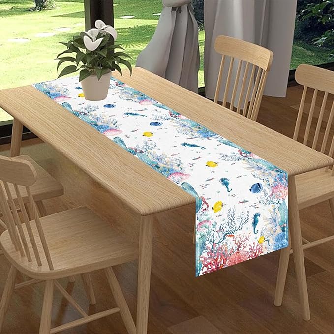 Nautical Table Runner, Summer Coastal Starfish Seahorse Seashells Coral - Image 2