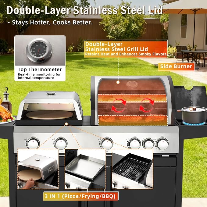 MELLCOM 3 IN 1 Pizza Griddle Grill Combo, 000 BTU 5 Burner Stainless Steel - Image 5