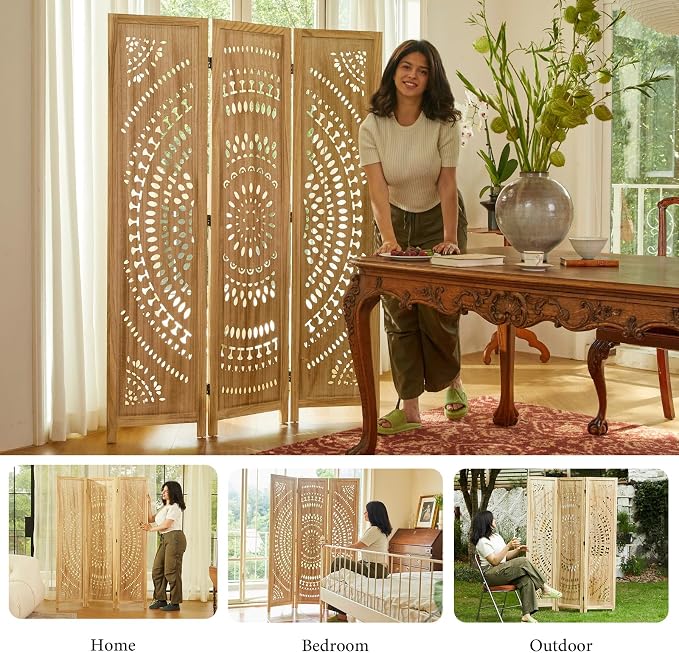 Room Divider Wood Carved Wall Divider Indoor Folding Bohemian Style Portable - Image 6