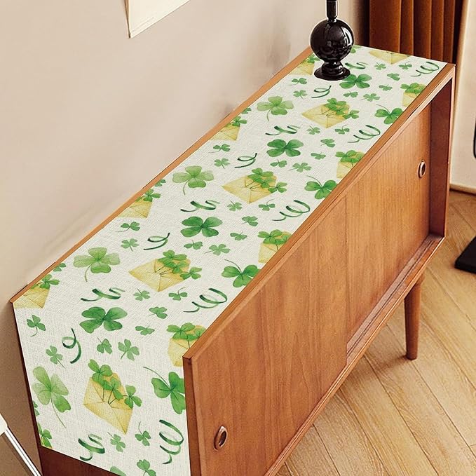 Clover Table Runner, Retro Rustic Green Shamrock Yellow Envelope Spring - Image 2