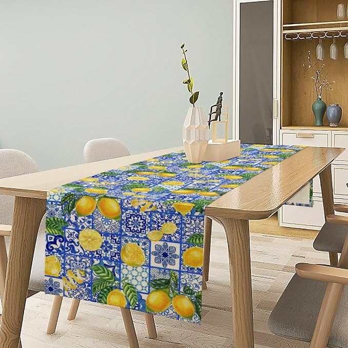 Tiles Lemon Table Runner Blue White Yellow Vintage Rustic Summer Fruit Chic - Image 2