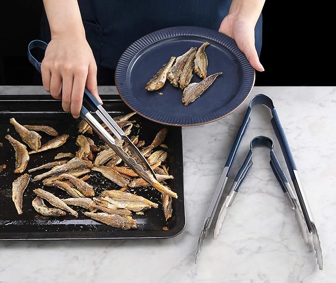 Tongs, 9-Inch Stainless Steel Serving Tongs with Blue Vinyl Handles