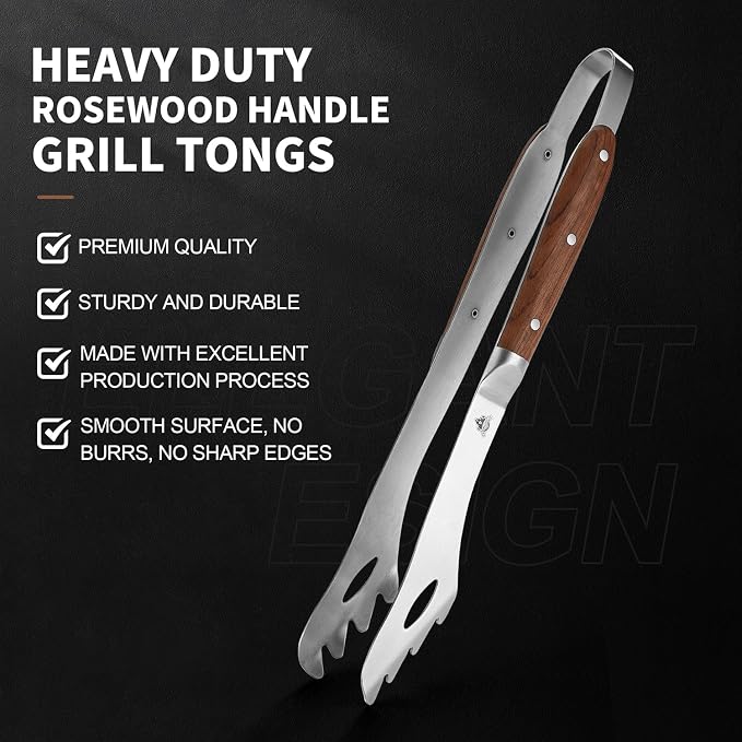 GRILLGEN Heavy Duty Rosewood Handle BBQ Grill Tongs, 16.73" Long Premium BBQ - Image 2